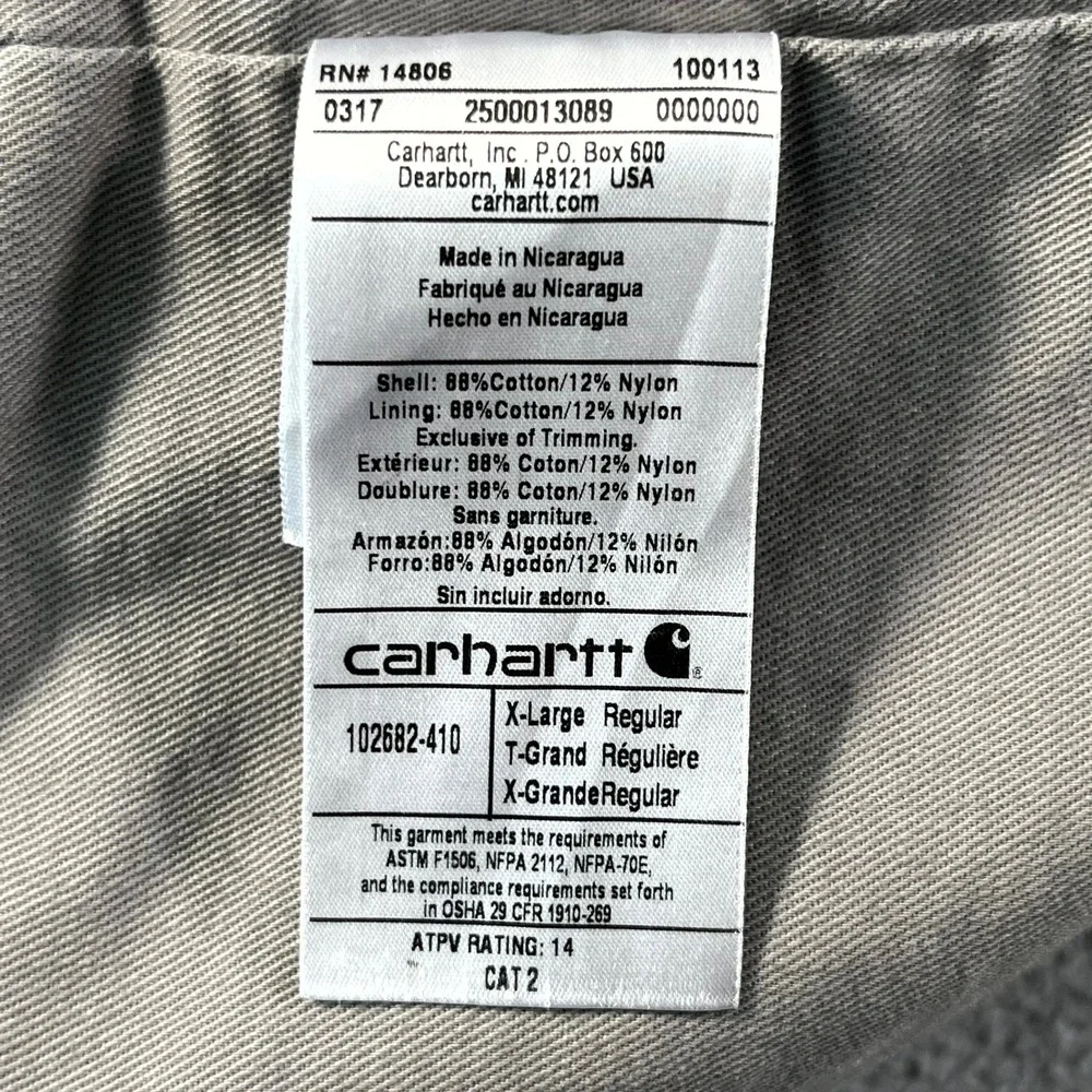 Carhartt Jacket Mens XL Blue Cotton Flame Resistant Workwear Collared Snap Front
